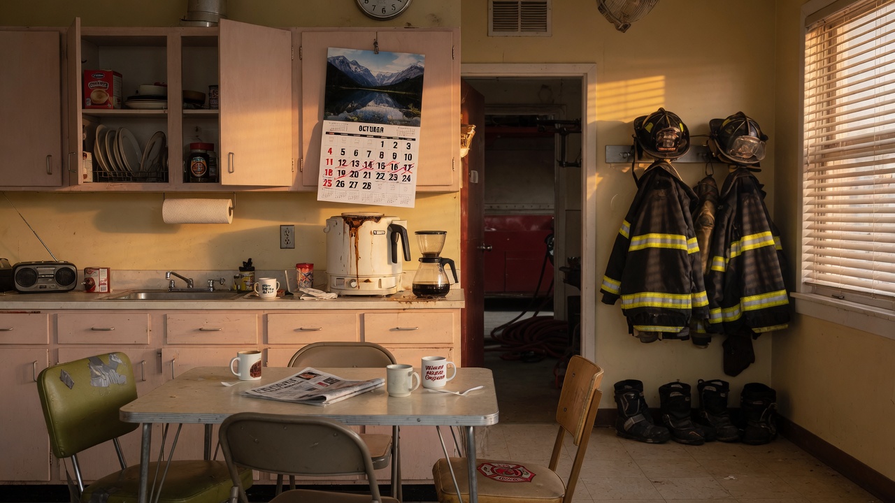 A first-responder calendar hanging in the house